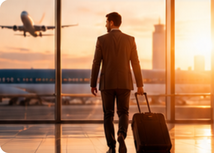 Executivo em aeroporto com mala de viagem