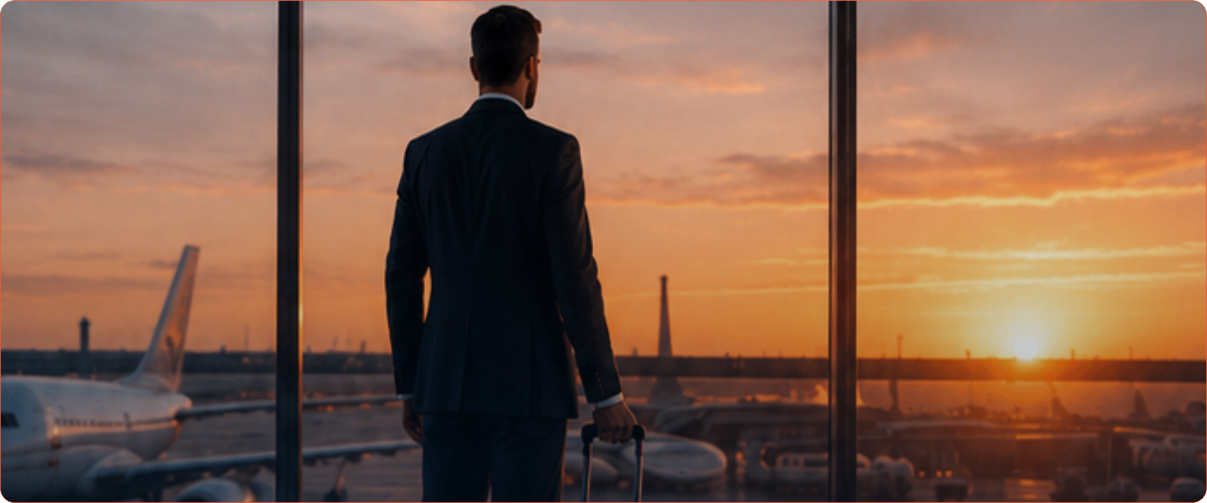 Executivo em aeroporto ao pôr do sol