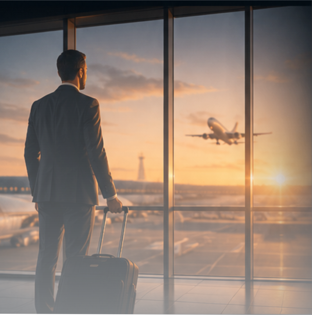 Executivo em aeroporto observando decolagem de avião