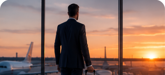 Executivo em aeroporto ao pôr do sol
